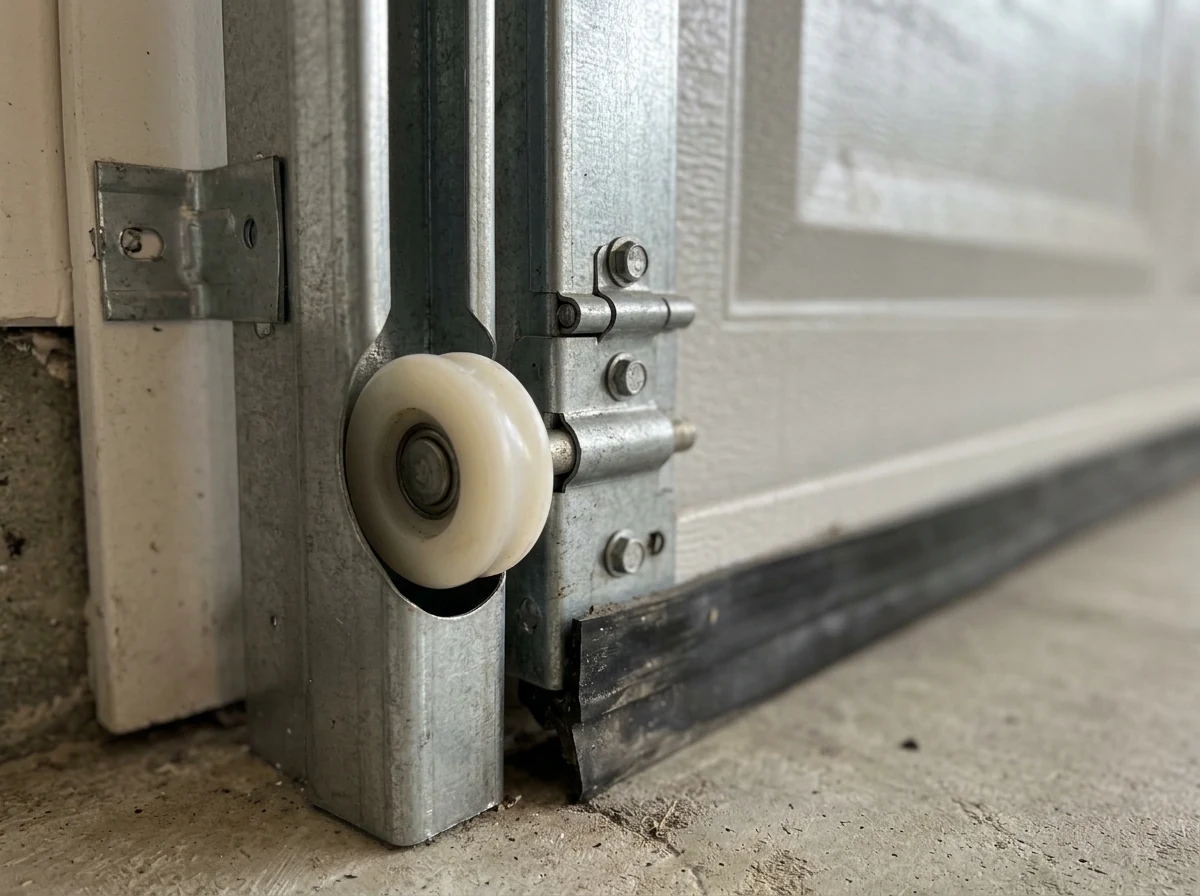 Illustrative close view of a garage-door roller, track and panel.
