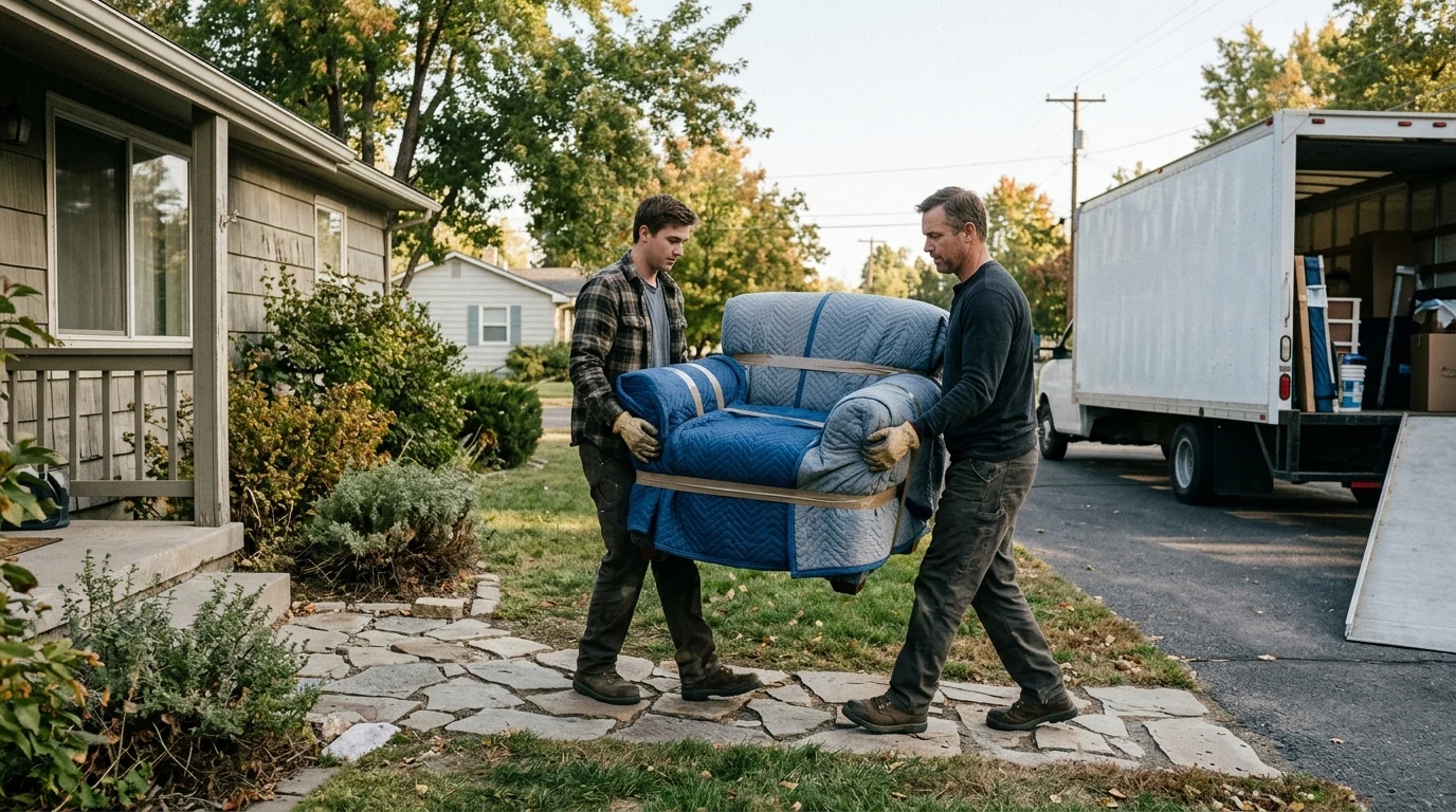 Illustrative movers carrying protected furniture outside a home.