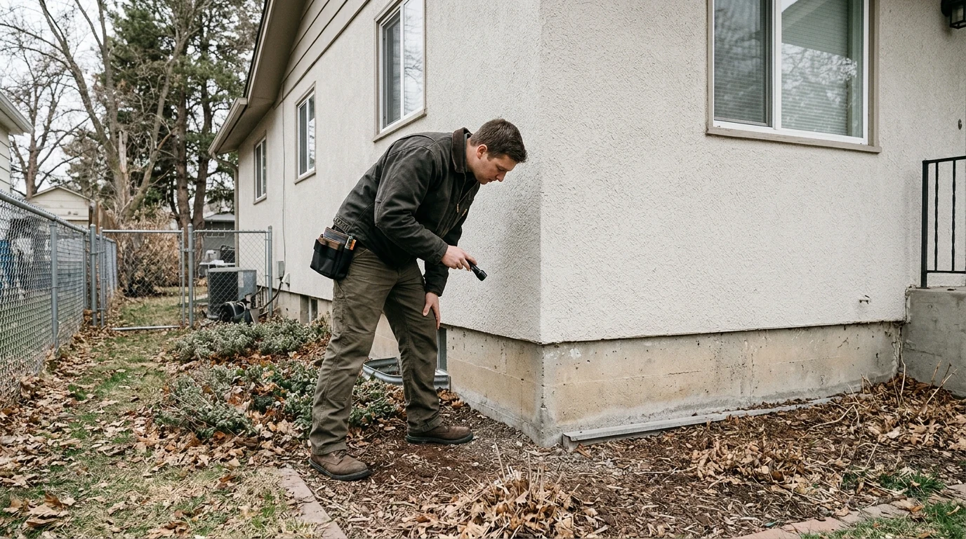 Illustrative pest-control technician inspecting the exterior of a home.