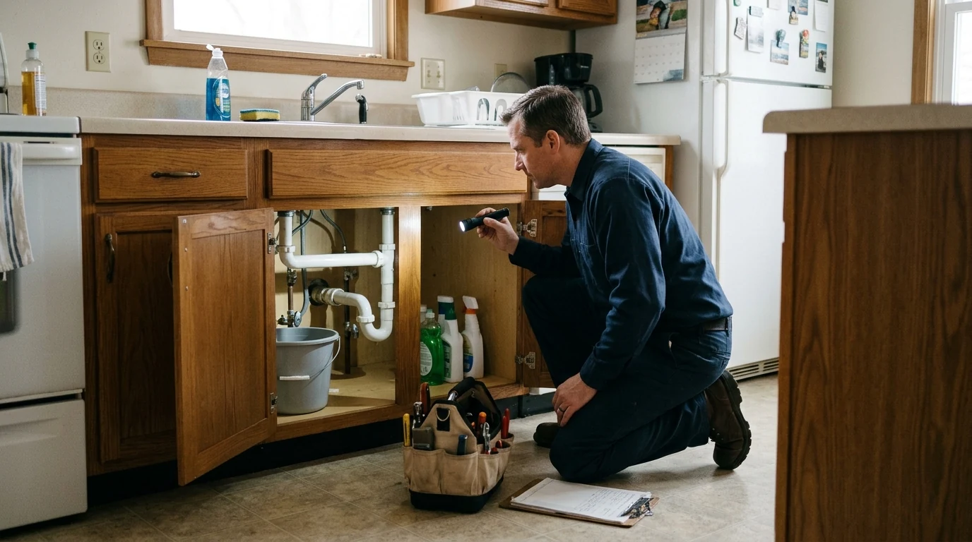 Illustrative plumber inspecting the pipework beneath a kitchen sink.